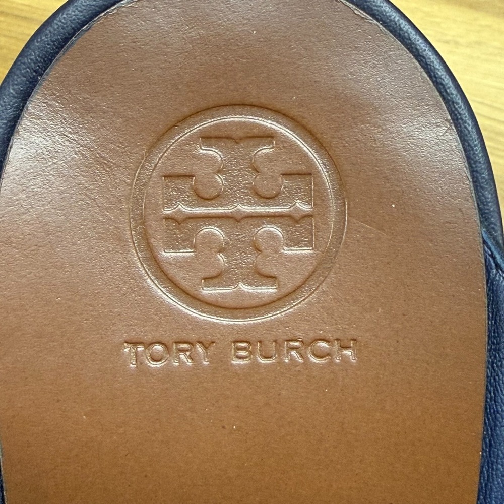 Tory Burch Gabrielle Wedge Slingback Sandals 10.5 M Navy Blue Suede Cross Strap - Picture 11 of 12